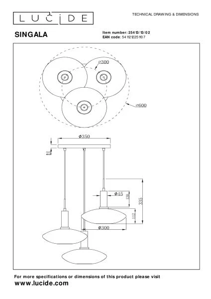 Lucide SINGALA - Hanglamp - Ø 55 cm - 3xE27 - Mat Goud / Messing - technisch